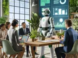 An eco-conscious corporate meeting room with a humanoid robot consultant, designed in green and white, discussing sustainability metrics with diverse business professionals. The setting includes a conference table made from recycled materials, live plants, and solar panels visible through large windows. Digital displays around the room show green energy data